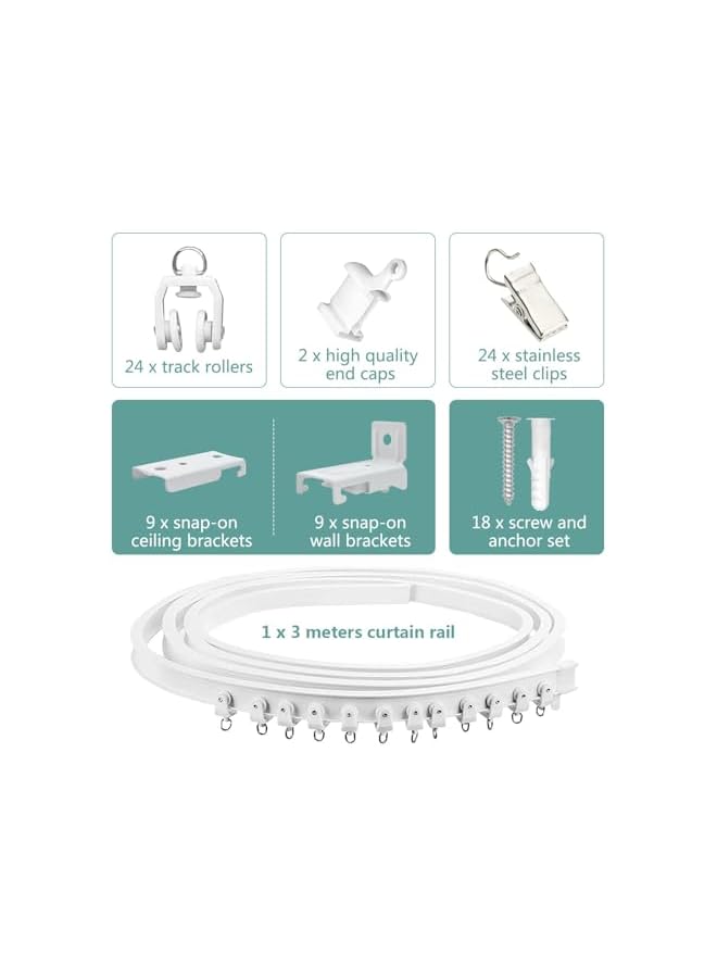 The Bros سكة ستائر قابلة للانحناء، قضيب ستائر مرن للسقف، لنوافذ باي 3م سكة ستائر سقف مرنة منحنية مثبتة على الحائط سكة ستائر بلاستيكية ثقيلة، مجموعة مشابك فولاذية بيضاء - Image 5