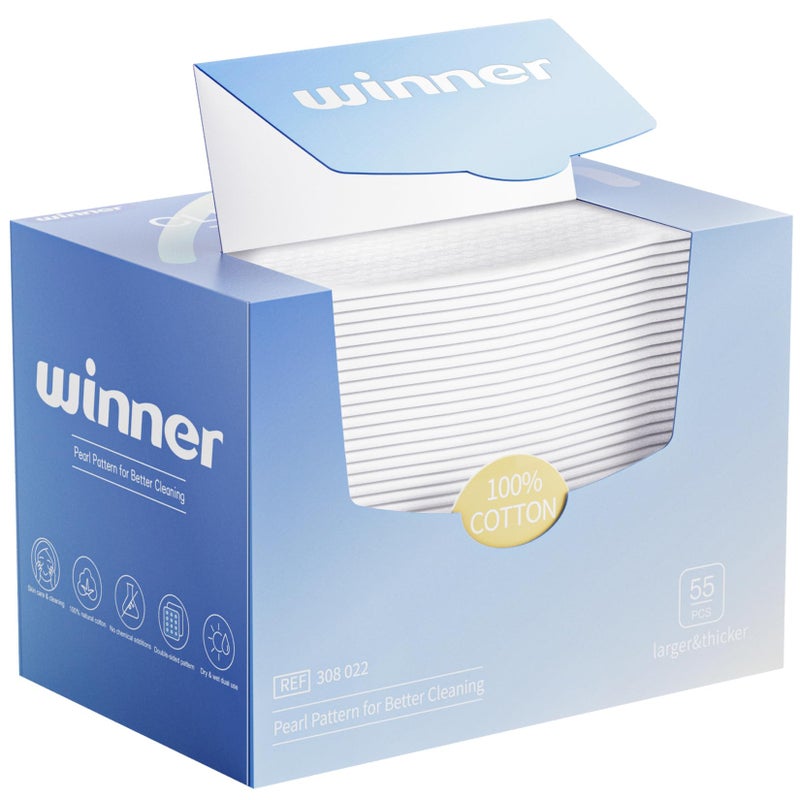 Winner Face Towels, 100% USDA Biobased Facial Towelettes XL, Disposable Face Towel for Sensitive Skin, Ultra Soft Makeup Remover Dry Wipes, Odor-Free, 55 Count, 1 Pack - Image 1
