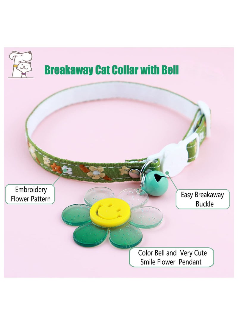 2 Pack Soft Cotton Breakaway Cat Collars with Bells for Girl Cats, Smile Flower Pendant Cute Cat Collar Kitten Collar for Cat Kitten Kitty Puppy Rabbit (Floral-Green & Yellow) - Image 2