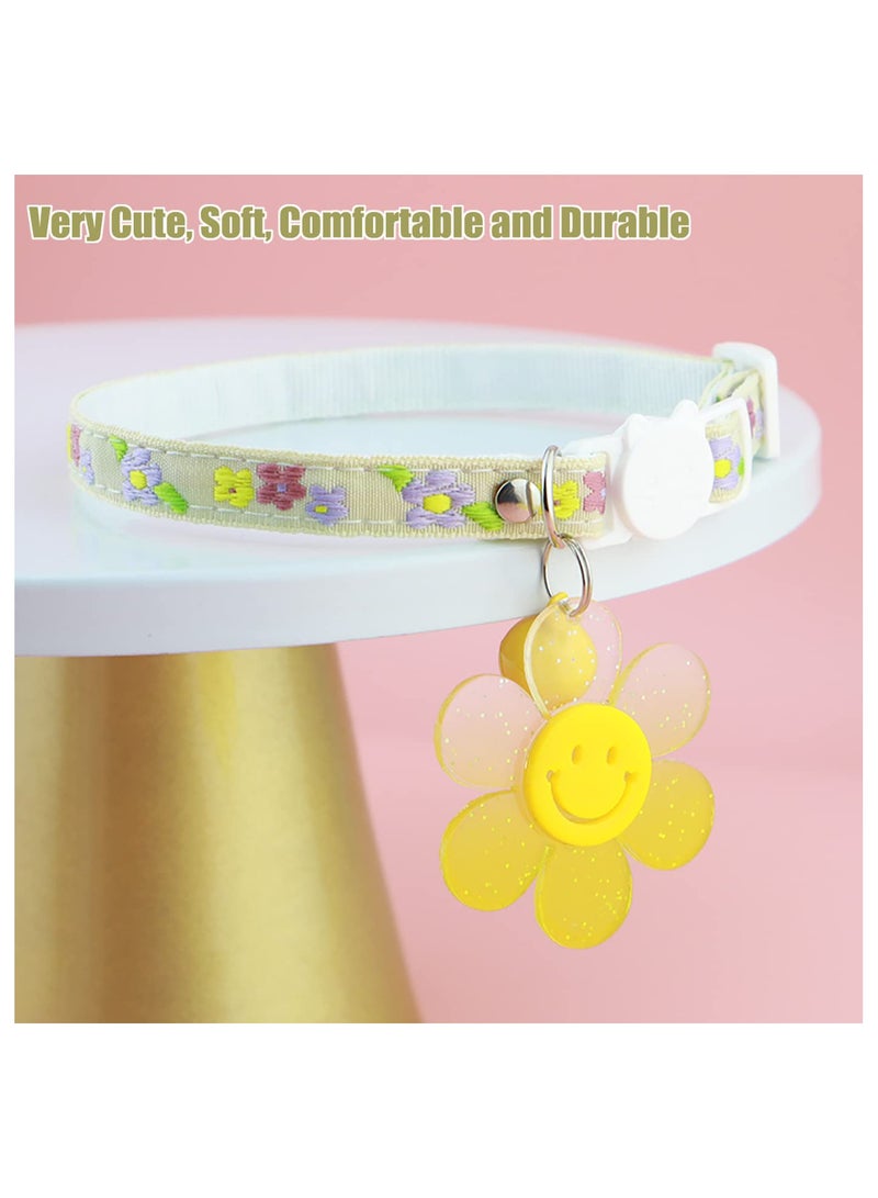 2 Pack Soft Cotton Breakaway Cat Collars with Bells for Girl Cats, Smile Flower Pendant Cute Cat Collar Kitten Collar for Cat Kitten Kitty Puppy Rabbit (Floral-Green & Yellow) - Image 3