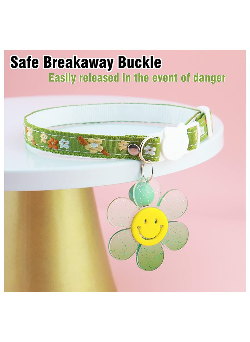2 Pack Soft Cotton Breakaway Cat Collars with Bells for Girl Cats, Smile Flower Pendant Cute Cat Collar Kitten Collar for Cat Kitten Kitty Puppy Rabbit (Floral-Green & Yellow) - Image 4
