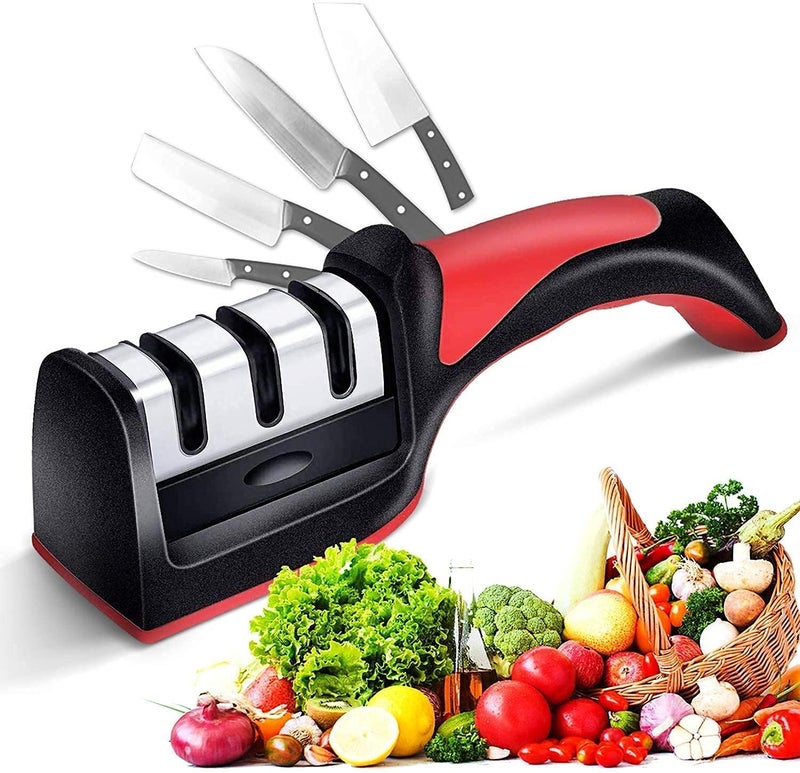 Kazenzo 3 Stage Manual System Knife Sharpener with AntiSlip Rubber Base for Grip Three Slots Handle Knife Sharpener Tool with Removable Head Grinder - Image 2