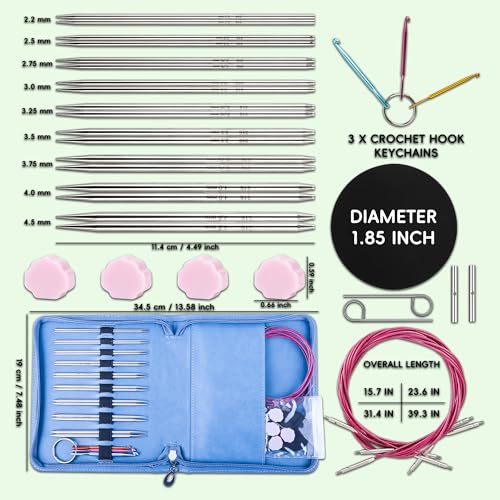 Froggod 4.5-Inch Aluminum Lace Interchangeable Circular Knitting Needle Set, Sizes US 1, 1.5, 2, 2.5, 4, 5, 6, 7 Interchangeable Knitting Needles Lace-Tip with 4 Assorted Cables with Project Bag - Image 2