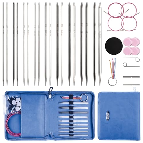 Froggod 4.5-Inch Aluminum Lace Interchangeable Circular Knitting Needle Set, Sizes US 1, 1.5, 2, 2.5, 4, 5, 6, 7 Interchangeable Knitting Needles Lace-Tip with 4 Assorted Cables with Project Bag - Image 1