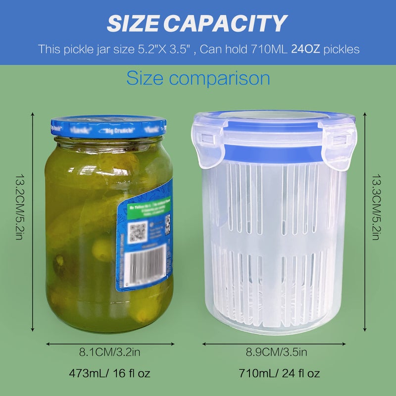 KIKINIKO Pickle Jar 24 oz pickle container with strainer Pickle Holder Keeper Lifter, pickle storage container suitable for pickling small jars of kimchi, Flip Jar with Leak Proof and Lock It Lid - Image 2