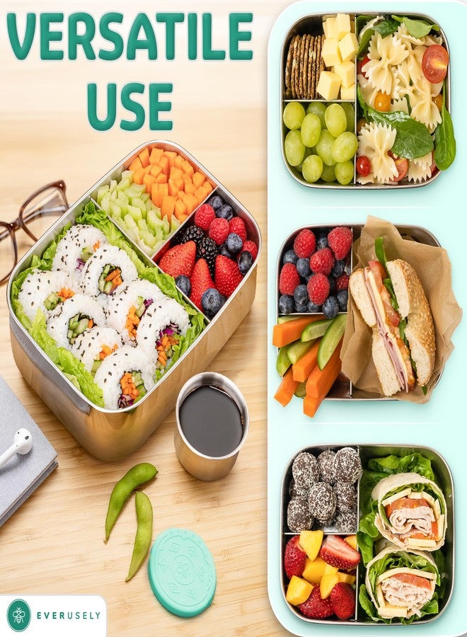 Everusely - Bento Box - Green, 60oz / 1.8 L - Stainless Steel Lunch Box with Leakproof Condiment Container - 3 Compartment Snack Organizer for On the Go Meals - Freezer & Dishwasher Safe - Image 5