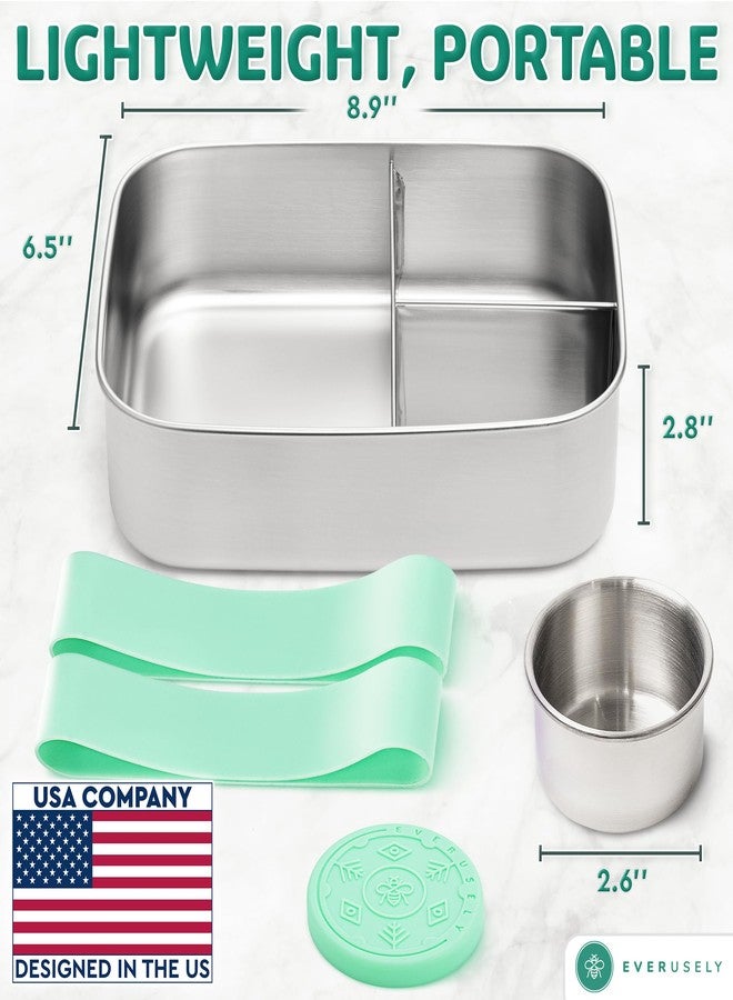 Everusely - Bento Box - Green, 60oz / 1.8 L - Stainless Steel Lunch Box with Leakproof Condiment Container - 3 Compartment Snack Organizer for On the Go Meals - Freezer & Dishwasher Safe - Image 2