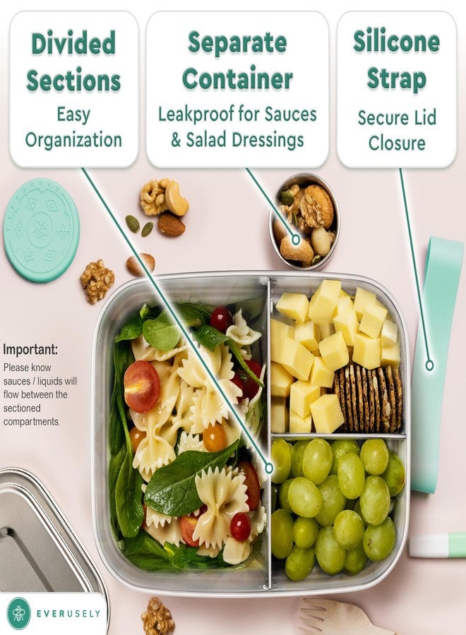 Everusely - Bento Box - Green, 60oz / 1.8 L - Stainless Steel Lunch Box with Leakproof Condiment Container - 3 Compartment Snack Organizer for On the Go Meals - Freezer & Dishwasher Safe - Image 4