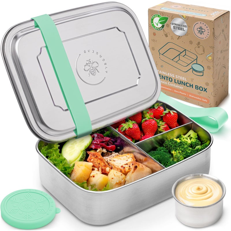 Everusely - Bento Box - Green, 60oz / 1.8 L - Stainless Steel Lunch Box with Leakproof Condiment Container - 3 Compartment Snack Organizer for On the Go Meals - Freezer & Dishwasher Safe - Image 1