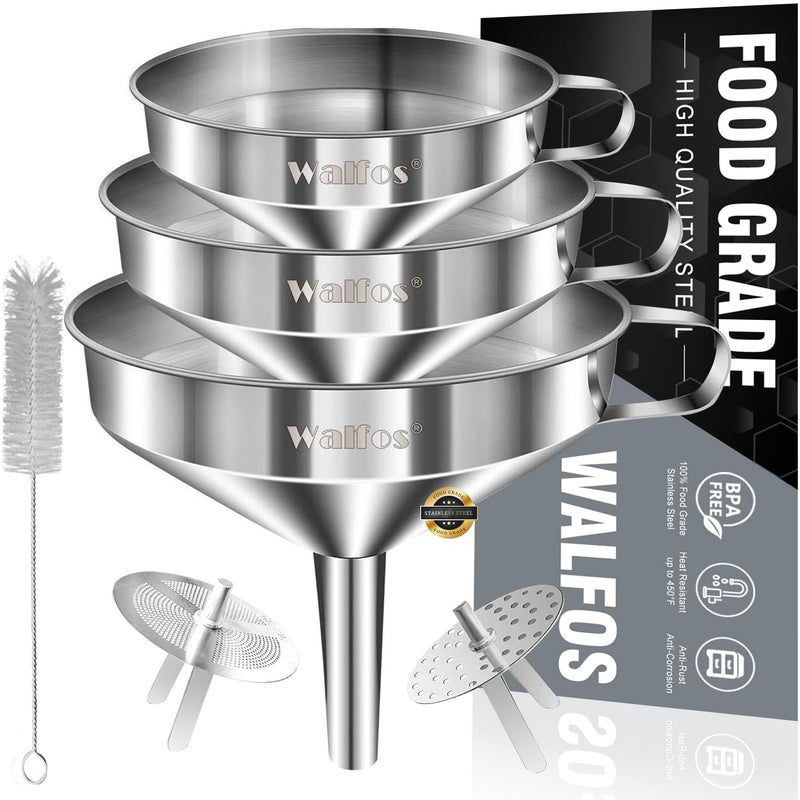 Stainless Steel Funnel, Walfos 3 Pack Kitchen Funnel with 2 Removable Strainer ï¼† 1Pcs Cleaning Brush, Perfect for Transferring of Liquid, Oils, Jam, Dry Ingredients & Powder