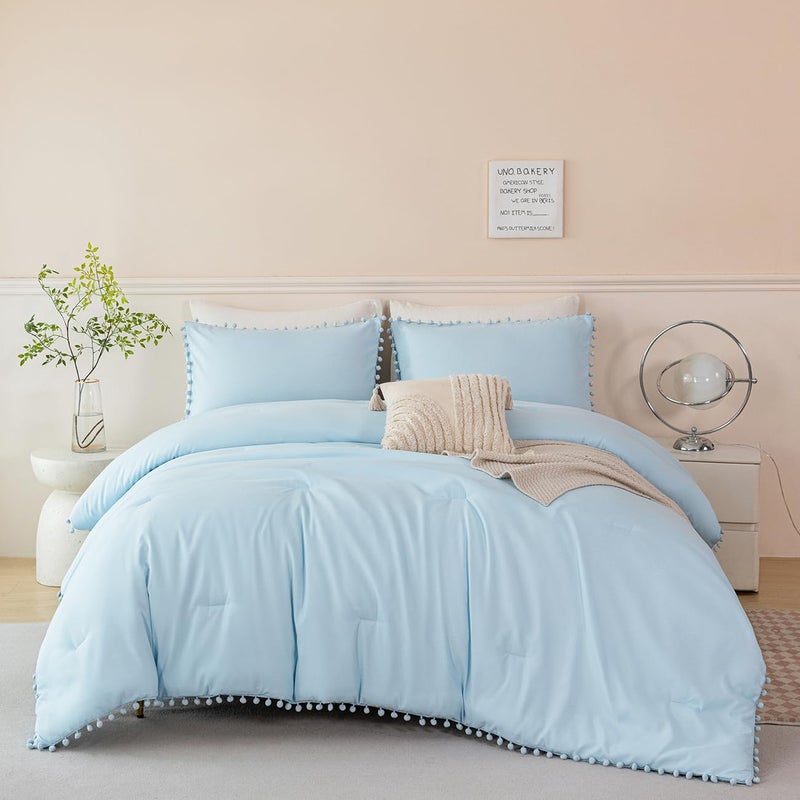PERFEMET 5 Pieces Full Bed in A Bag Light Blue Pom Pom Bedding Set for Girls Boys Soft Fluffy Boho Solid Bedding Comforter Set with Sheets(Light Blue, Full) - Image 2