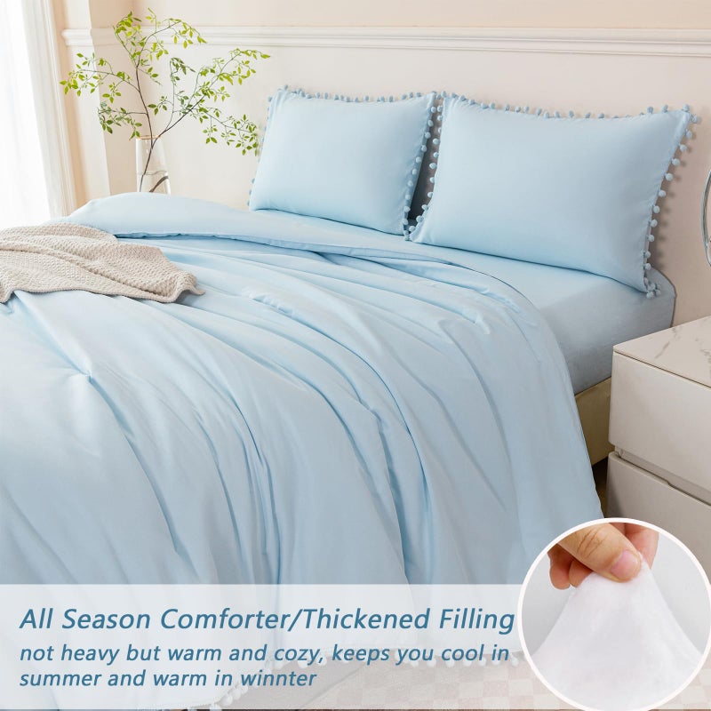 PERFEMET 5 Pieces Full Bed in A Bag Light Blue Pom Pom Bedding Set for Girls Boys Soft Fluffy Boho Solid Bedding Comforter Set with Sheets(Light Blue, Full) - Image 5