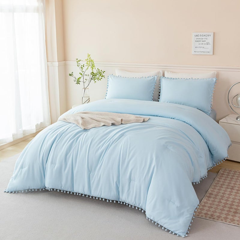 PERFEMET 5 Pieces Full Bed in A Bag Light Blue Pom Pom Bedding Set for Girls Boys Soft Fluffy Boho Solid Bedding Comforter Set with Sheets(Light Blue, Full) - Image 1