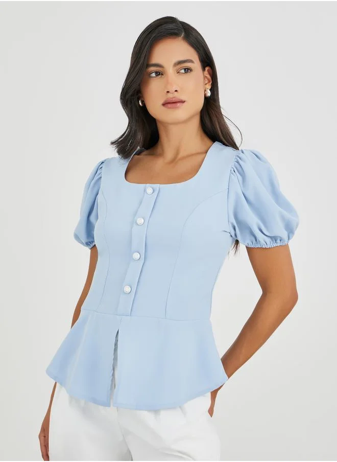 Styli Styli Puff Sleeve Buttoned Peplum Blouse