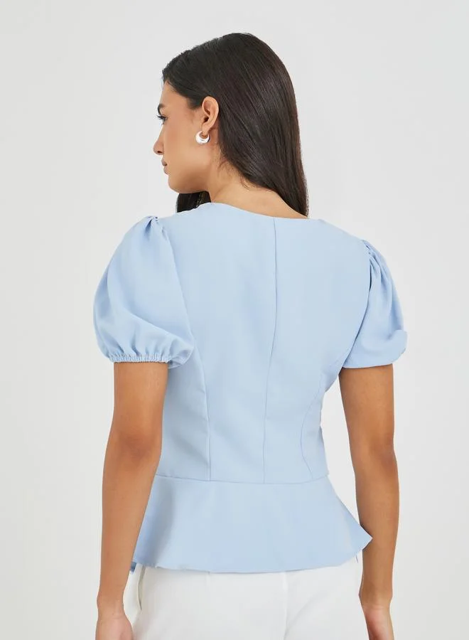 Styli Puff Sleeve Buttoned Peplum Blouse