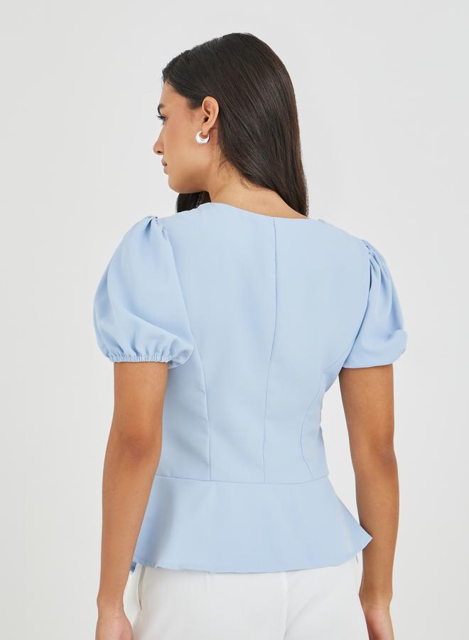 Styli Puff Sleeve Buttoned Peplum Blouse - Image 4