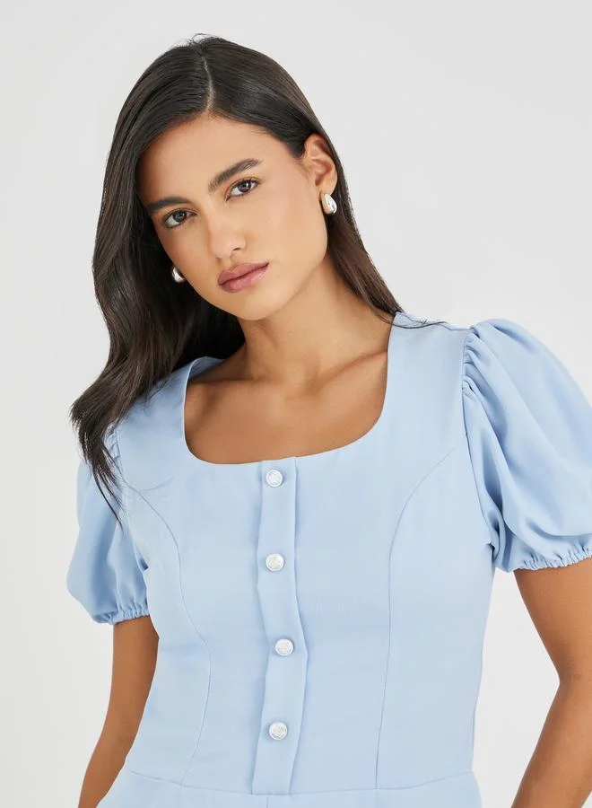Styli Puff Sleeve Buttoned Peplum Blouse