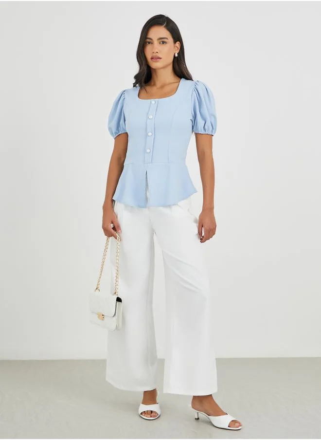 Styli Styli Puff Sleeve Buttoned Peplum Blouse