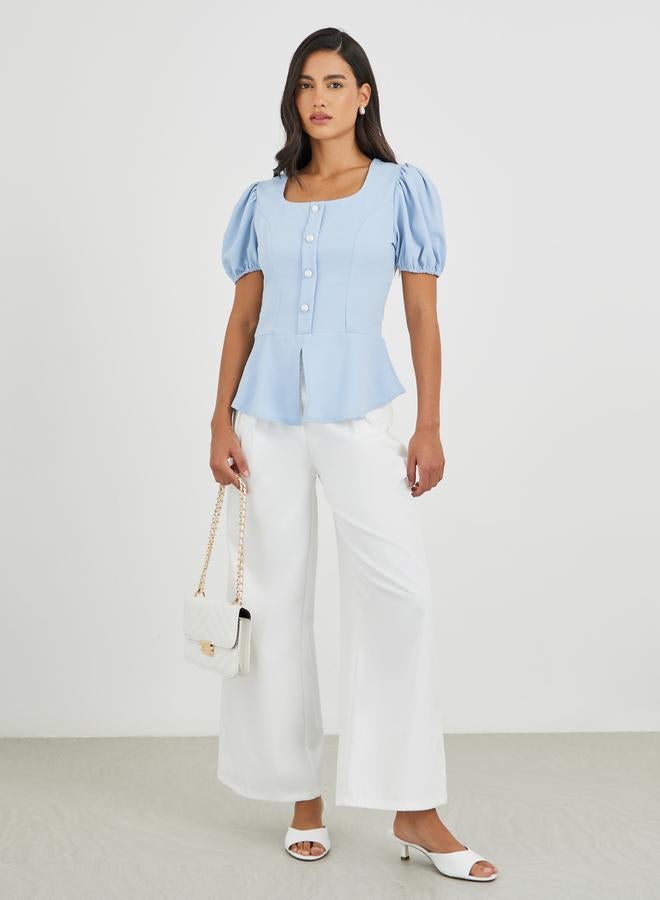 Styli Puff Sleeve Buttoned Peplum Blouse - Image 2