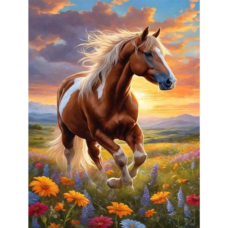 Fountor Horse Diamond Art Kits for Adults, Horse Diamond Painting Kits for Adults Beginners, DIY 5D Flower Diamond Painting with Round Gem Art Kits for Gift Home Wall Decor 12x16 Inch - Image 1