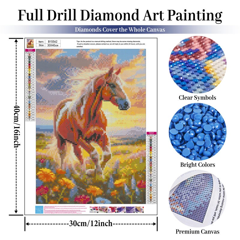 Fountor Horse Diamond Art Kits for Adults, Horse Diamond Painting Kits for Adults Beginners, DIY 5D Flower Diamond Painting with Round Gem Art Kits for Gift Home Wall Decor 12x16 Inch - Image 4