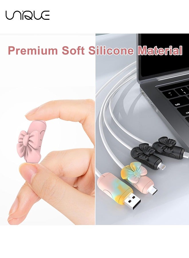 Charger Cable Protector for iPhone Charger, 4PCS Bow Silicone Charging Cable Protector Cute for Type C/Lightning/Micro-USB, Data Cable Protector Cover & Cord Saver Winder for Phone Charger