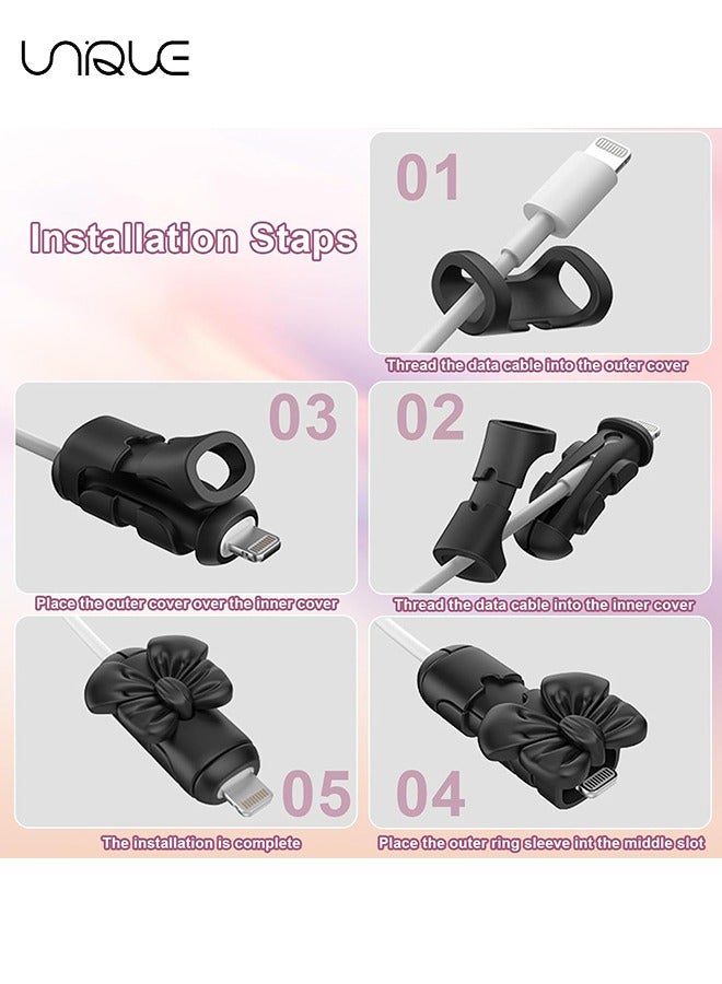 Charger Cable Protector for iPhone Charger, 4PCS Bow Silicone Charging Cable Protector Cute for Type C/Lightning/Micro-USB, Data Cable Protector Cover & Cord Saver Winder for Phone Charger