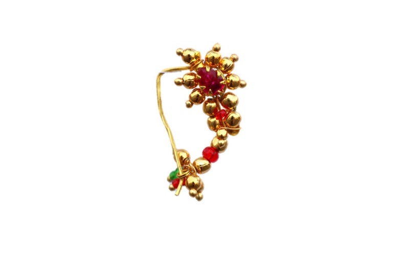 Vail Creations Combo of 2 Traditional Maharashtrian Nath Multicolour Gold Plated With Piercing Nose Ring Pin for Women Size- 3 cm - Image 2
