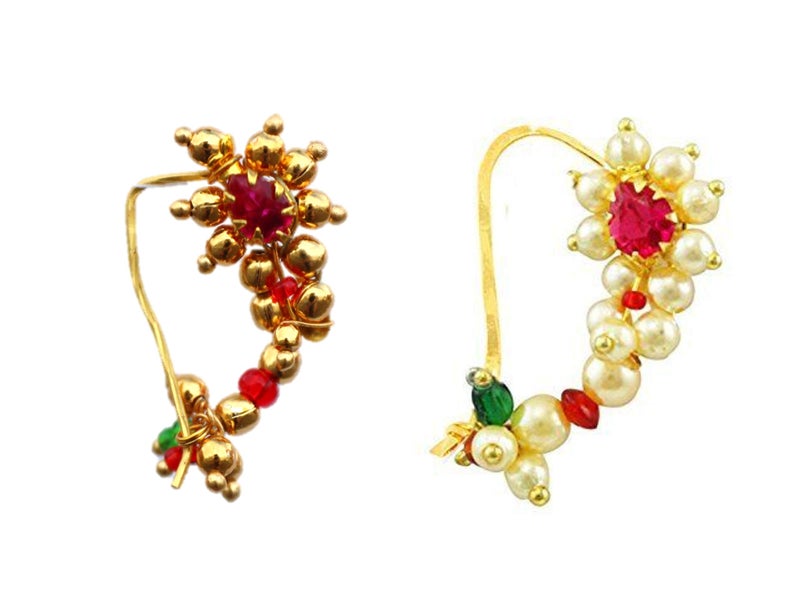 Vail Creations Combo of 2 Traditional Maharashtrian Nath Multicolour Gold Plated With Piercing Nose Ring Pin for Women Size- 3 cm - Image 1