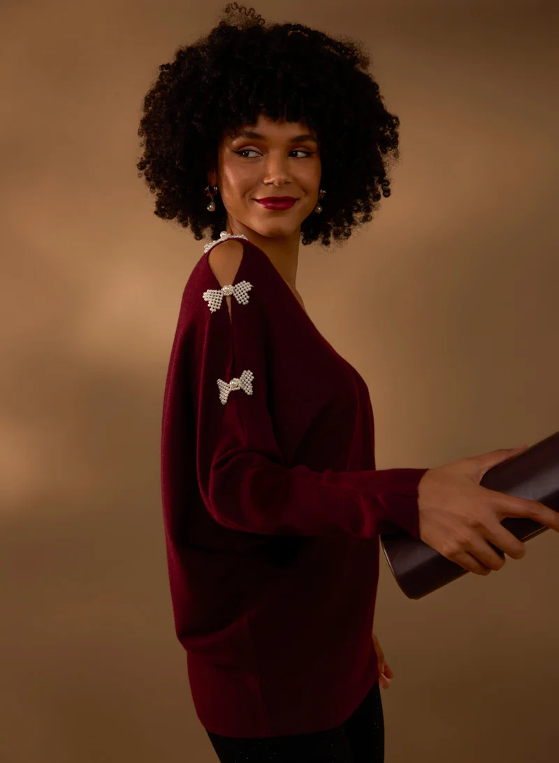 Blue Vanilla V-Neck Batwing Shoulder Pearl Detailing Jumper