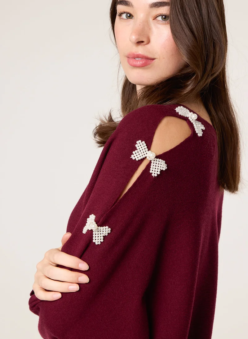 Blue Vanilla V-Neck Batwing Shoulder Pearl Detailing Jumper