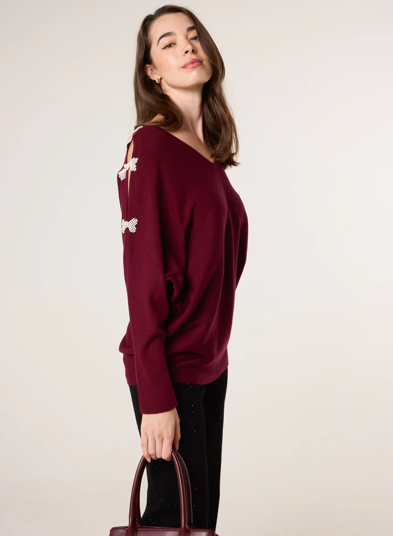 Blue Vanilla V-Neck Batwing Shoulder Pearl Detailing Jumper