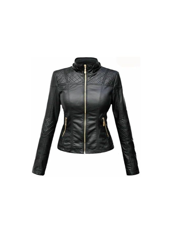 Women's Slim Fit Leather Jacket | Real Lambskin Leather Biker Café Racer Jacket |Golden Zipper Leather Jacket  - Image 1