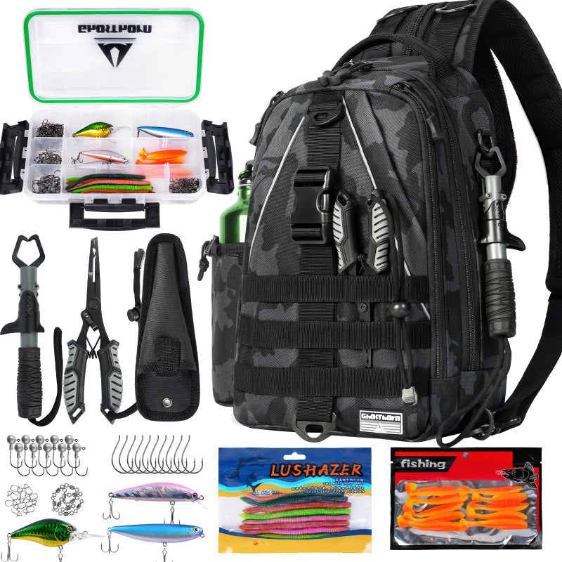 Ghosthorn Fishing Backpack with Tackle Boxes, Fish Pliers, Fish Lip Gripper, Lures, Waterproof Tackle Bag with Rod Holder, Fishing Gear Sling Bag Gift For Men Women Anglers (Black) - Image 1