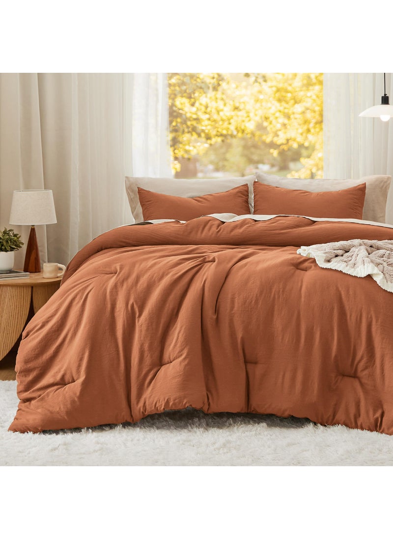 Bedsure Bedsure King Size Comforter Set  Burnt Orange Soft Prewashed Bed Comforter for All Seasons  3 Pieces Warm Bedding Sets  1 Lightweight Comforter (104""x90"") and 2 Pillowcases (20""x36"")  - Image 1