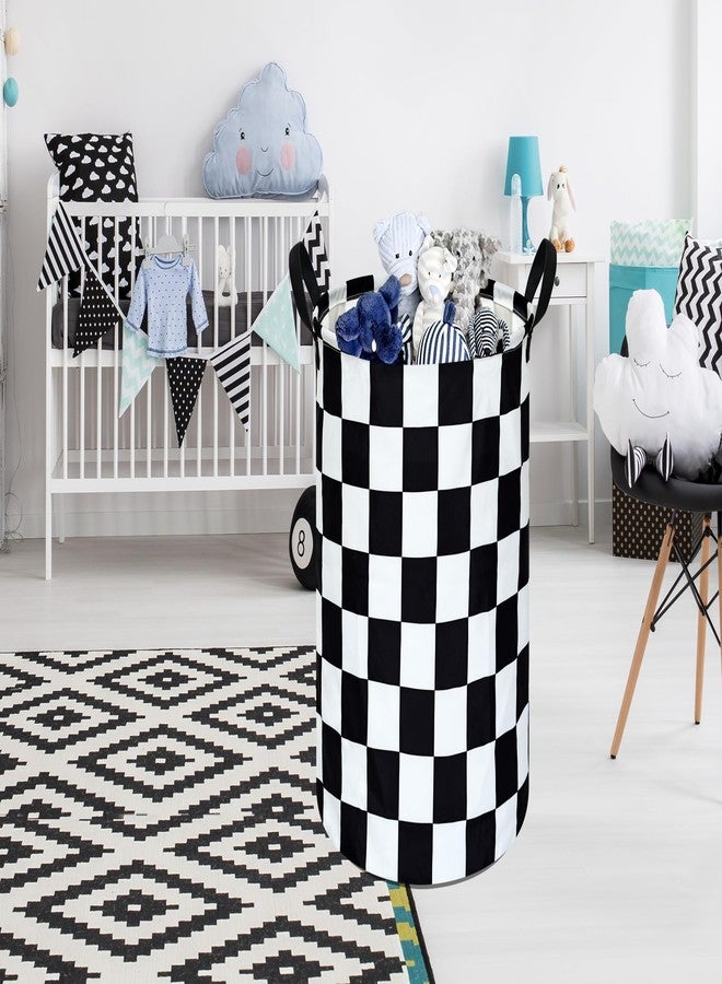 FUULOXE 19.7 Inch Round Laundry Hamper Black Check Laundry Basket Fabric Storage Hamper Organization Basket, Storage Bin, Toy Box,Gift Basket with Handles for Room - Image 2
