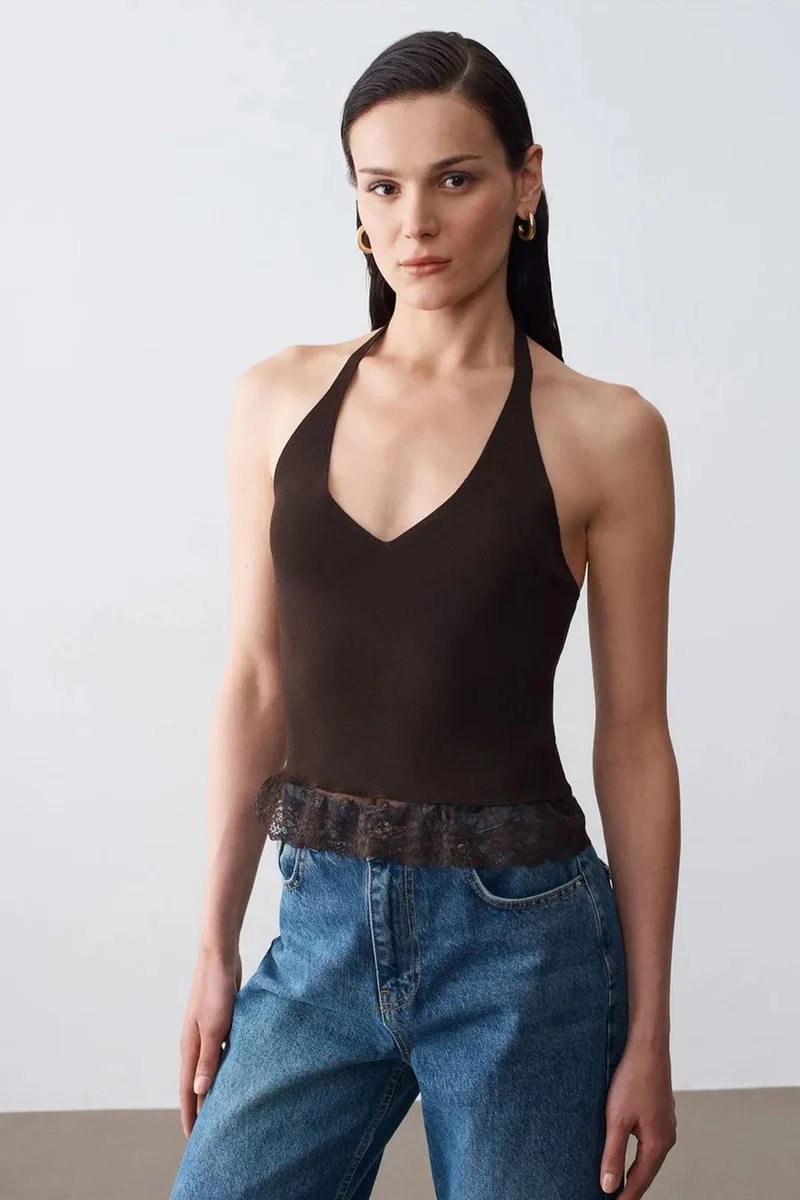 Dilvin Black DILVIN Ribbed Lace Halterneck Blouse for Women | Best Price UAE