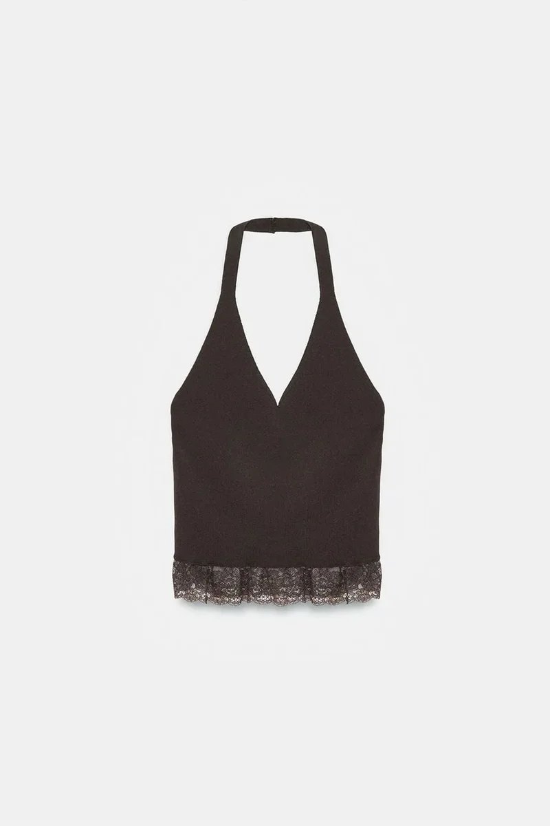 Dilvin Black DILVIN Ribbed Lace Halterneck Blouse for Women | Best Price UAE