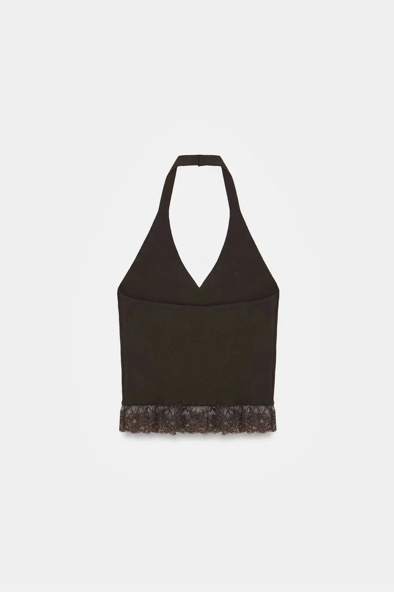 Dilvin Black DILVIN Ribbed Lace Halterneck Blouse for Women | Best Price UAE