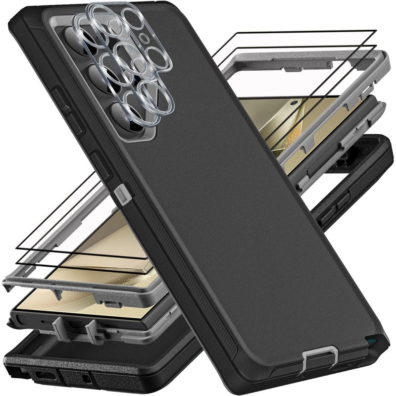 YKHJKLEC for Samsung Galaxy S24 Ultra Case, Military Grade 3 in 1 Heavy Duty Shockproof/Drop Proof/Dust Proof Case with 2Pcs Tempered Glass Screen Protector & Camera Lens Protector (Black/Grey) - Image 1