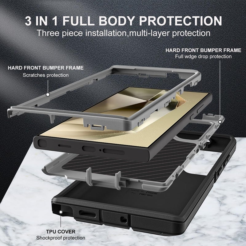 YKHJKLEC for Samsung Galaxy S24 Ultra Case, Military Grade 3 in 1 Heavy Duty Shockproof/Drop Proof/Dust Proof Case with 2Pcs Tempered Glass Screen Protector & Camera Lens Protector (Black/Grey) - Image 4