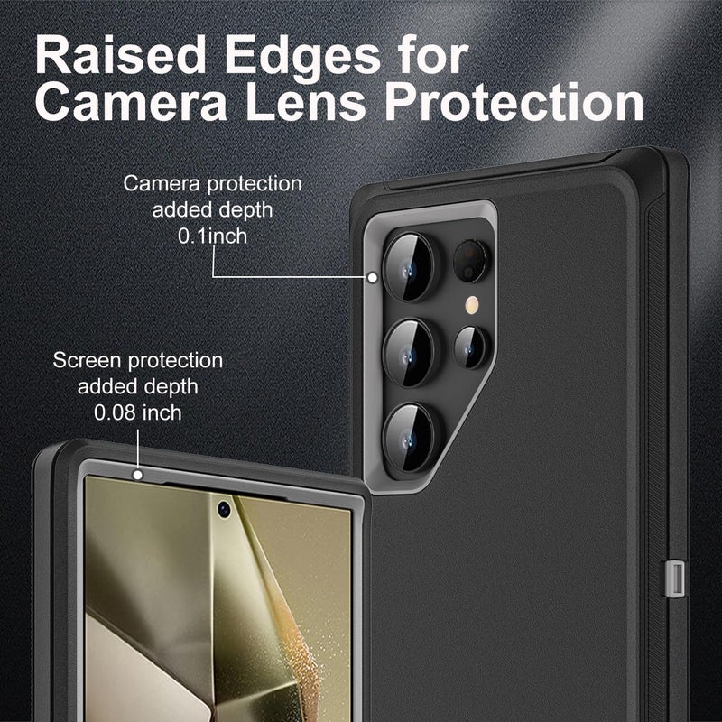 YKHJKLEC for Samsung Galaxy S24 Ultra Case, Military Grade 3 in 1 Heavy Duty Shockproof/Drop Proof/Dust Proof Case with 2Pcs Tempered Glass Screen Protector & Camera Lens Protector (Black/Grey) - Image 3