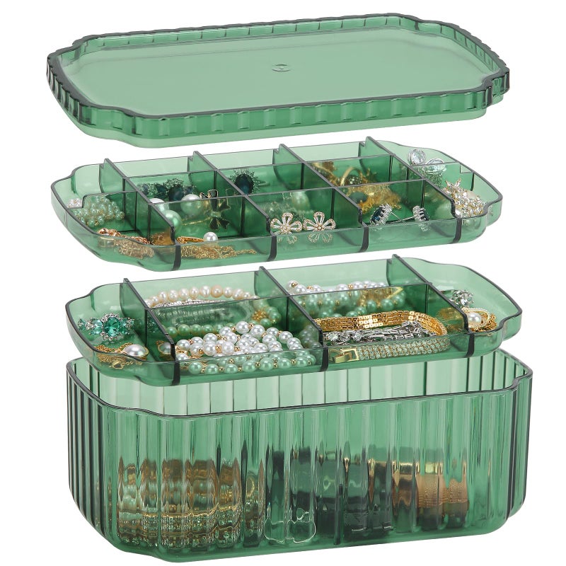 LETURE 3-Layer Jewelry Organizer Box for Earrings, Rings, Necklaces, Bracelets, Clear Plastic Bead Storage Containers for Crafts (Green) - Image 2