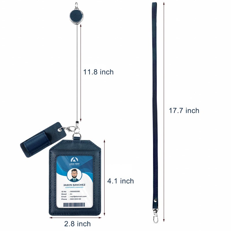 boshiho Office Badge Holder - Boshiho Genuine Leather Credit ID Card Holder with Stretch Neck Lanyard Vertical Style (Blue) - Image 5