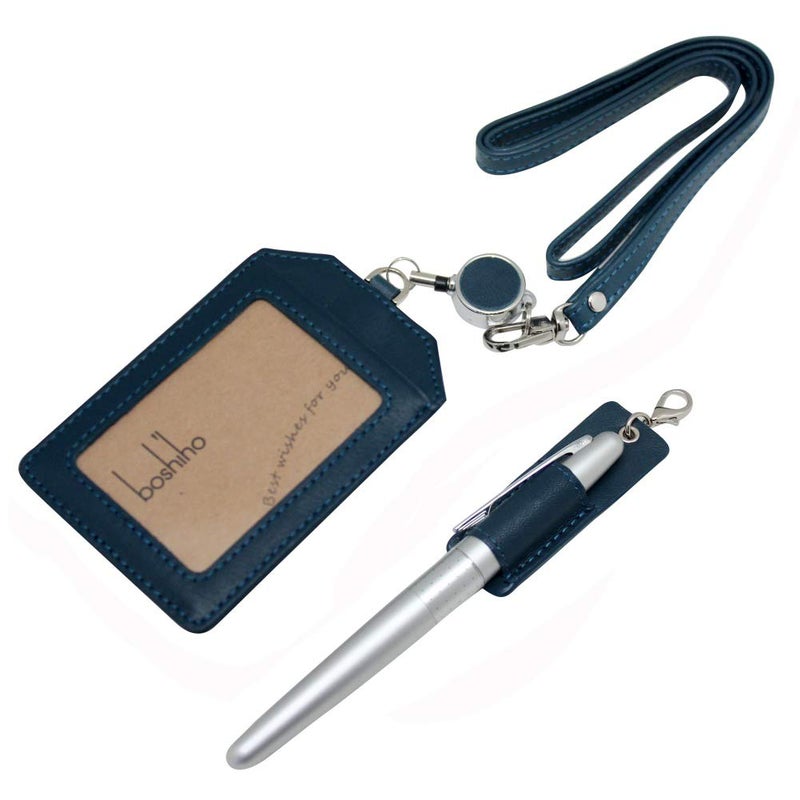 boshiho Office Badge Holder - Boshiho Genuine Leather Credit ID Card Holder with Stretch Neck Lanyard Vertical Style (Blue) - Image 1