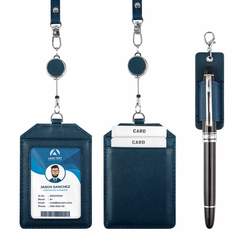 boshiho Office Badge Holder - Boshiho Genuine Leather Credit ID Card Holder with Stretch Neck Lanyard Vertical Style (Blue) - Image 2