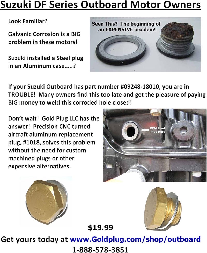 1018, Made in USA, Suzuki Outboard Exhaust Plug, Aluminum Corrosion FIX, Replaces # 09248-18010