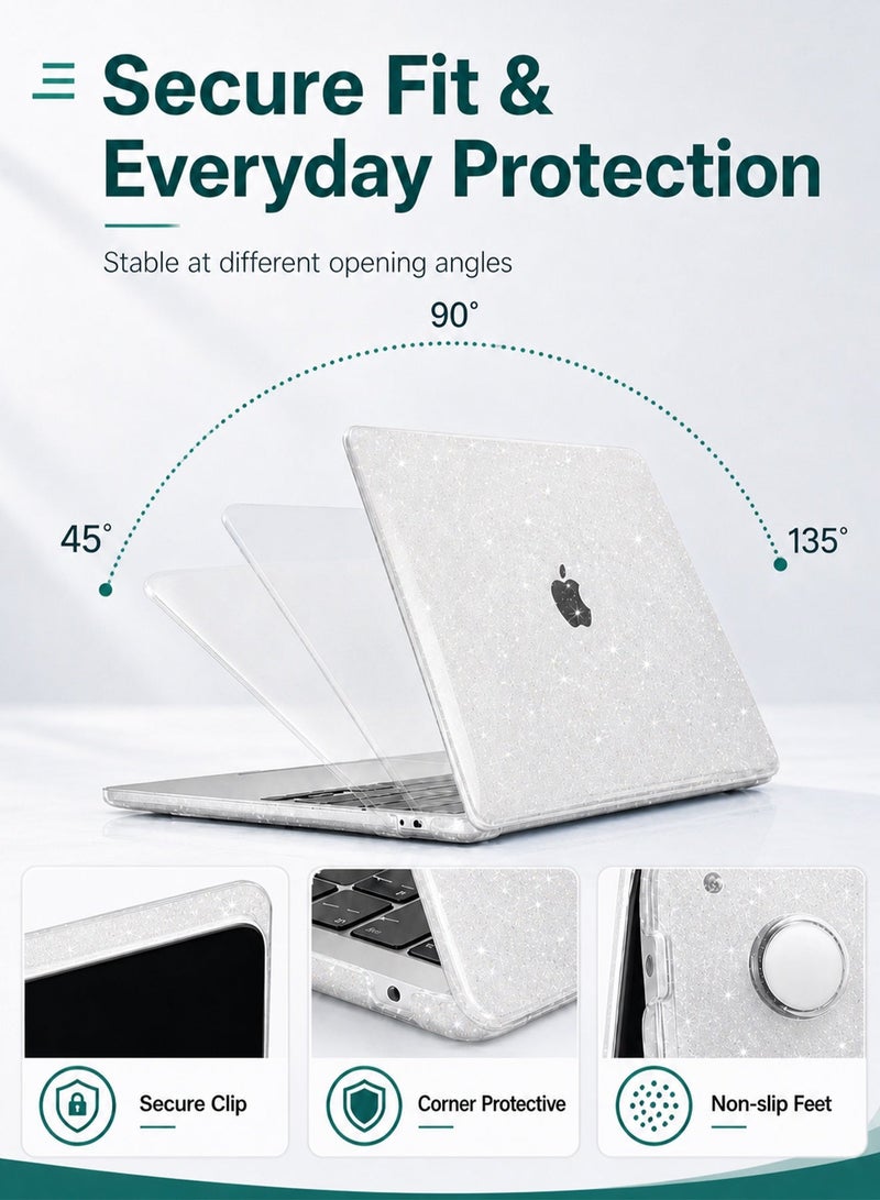 مساحة باردة حافظة MacBook Air مقاس 13 بوصة لجهاز 13.6 بوصة إصدار 2025-2022، متوافقة مع M4 A3240 و M3 A3113 و M2 A2681، غطاء صلب شفاف لامع بتصميم Glitter Sparkly مع غطاء لوحة مفاتيح وواقي شاشة، تصميم شفاف بدون فتحة للشعار - Image 4