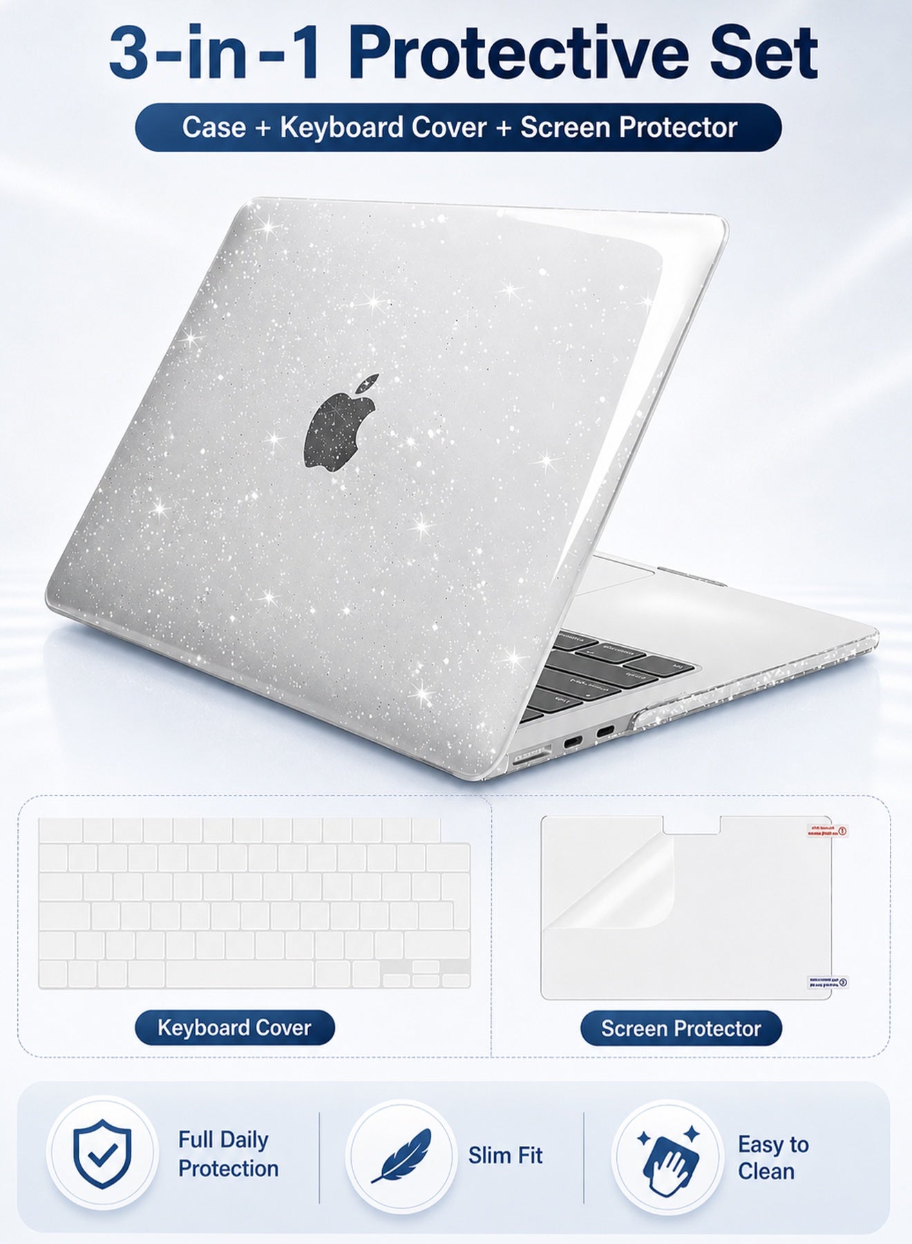 Chillspace MacBook Air 13 inch Case for 13.6 inch 2026-2022 M5 A3449 M4 A3240 M3 A3113 M2 A2681, Clear Glitter Sparkly Hard Shell Cover with Keyboard Cover & Screen Protector, Transparent No Cut Out