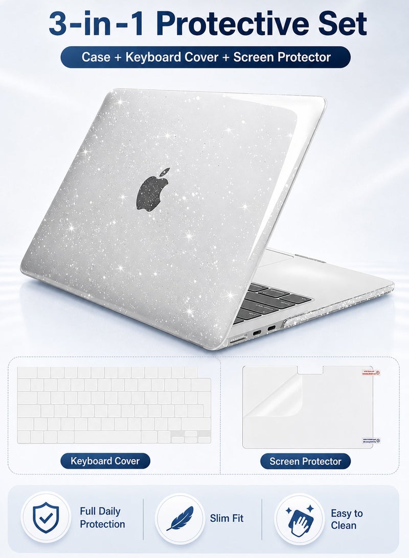 مساحة باردة حافظة MacBook Air مقاس 13 بوصة لجهاز 13.6 بوصة إصدار 2025-2022، متوافقة مع M4 A3240 و M3 A3113 و M2 A2681، غطاء صلب شفاف لامع بتصميم Glitter Sparkly مع غطاء لوحة مفاتيح وواقي شاشة، تصميم شفاف بدون فتحة للشعار - Image 1